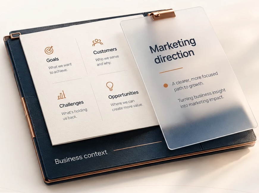 A navy leather portfolio labelled “Business context” holds a document mapping a business’s goals, customers, challenges and opportunities. A translucent sheet titled “Marketing direction” rests over it, showing how understanding the business shapes a clearer, more focused marketing direction.