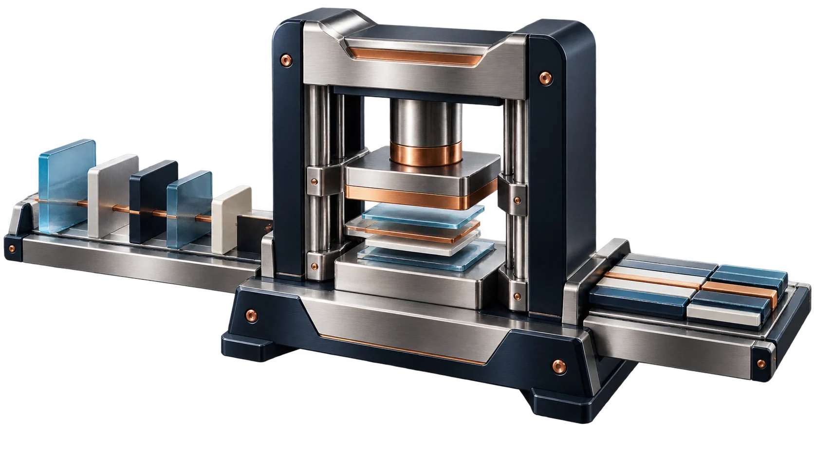 A symbolic forging press: business elements enter on the left, pass through the central press, and leave on the right as neatly arranged, structured modules.