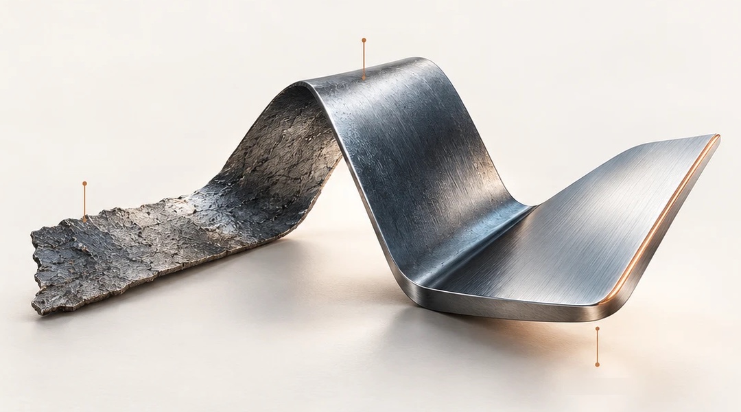 A single strip of metal that starts rough and unfinished, rises in a smooth, strengthened curve, and ends as a polished, precisely shaped surface with a fine copper edge.