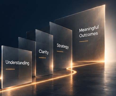 A rising sequence of glass panels labelled Understanding, Clarity, Strategy and Meaningful Outcomes, joined by a line of copper light.